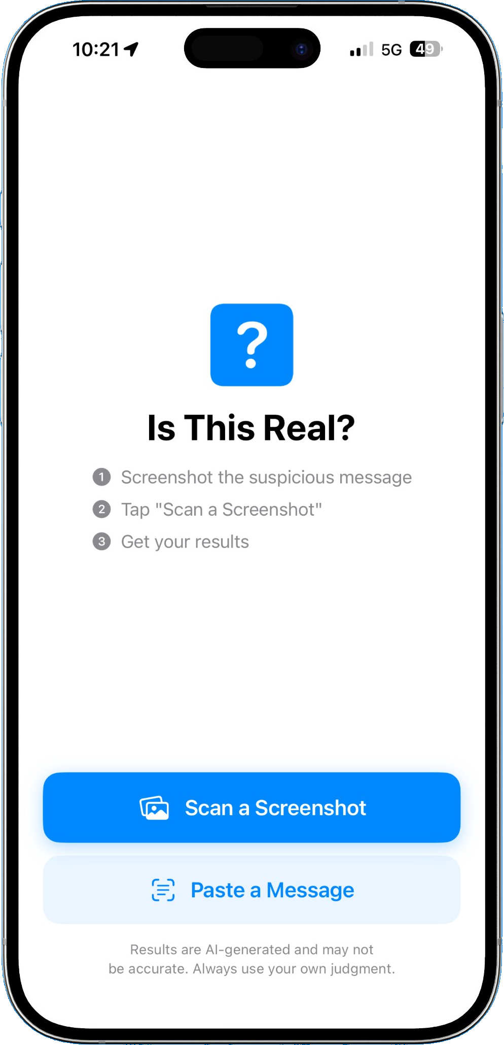 Is This Real? home screen showing scan options